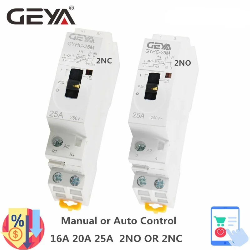 Geya-contator Modular do Trilho do Ruído Contator do Agregado Familiar do Controle Manual 2p 16a 20a 25a 2no 2nc 220v