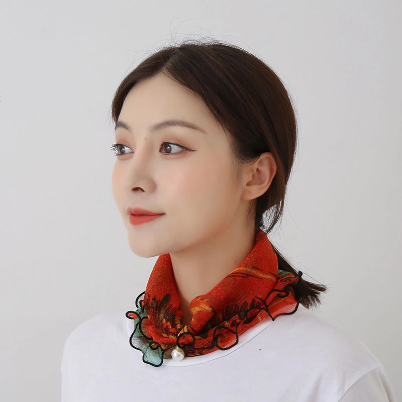 Fashion Neck Collar Variety Print Sunscreen Scarf Summer Pearl Pendant Stretch Lace Chiffon Scarves Bandana Headband Headscarf