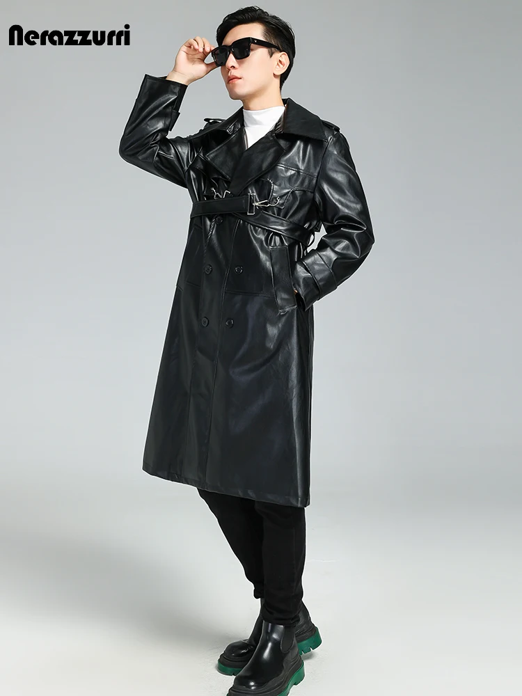 Nerazzurri-メンズパンクスタイルロングPUレザートレンチコート