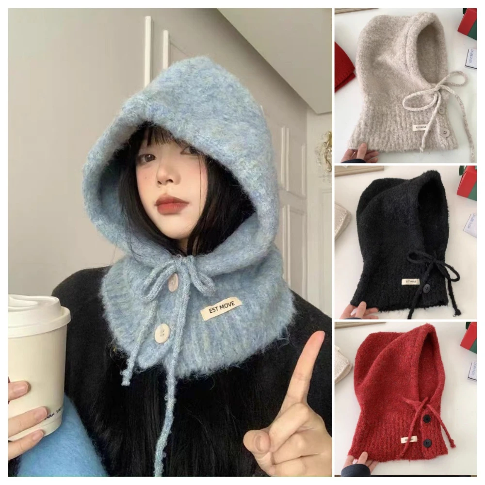 Fashion Knitted Wool Yarn Women Hat Autumn Winter Warm Balaclava Hats Scarf Ear-protecting Lace-up Head Cap Outfits Accessories