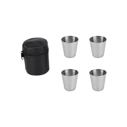 Set of Outdoor Travel Stainless Steel Mini Cups with Portable Case - Ideal for Whisky or Wine Drinking (Four cups 30ml)
