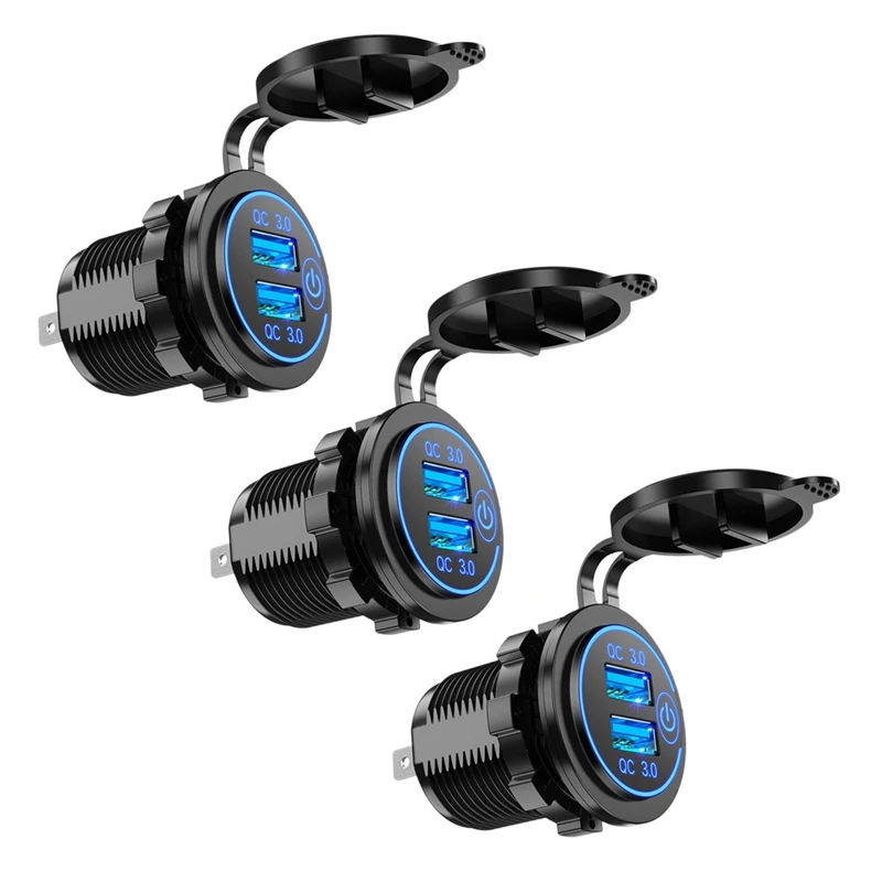 

3X Quick Charge 3.0 Dual USB Car Charger 12V 36W USB Fast Charger With Switch For Boat Motorcycle Truck Golf Cart Blue