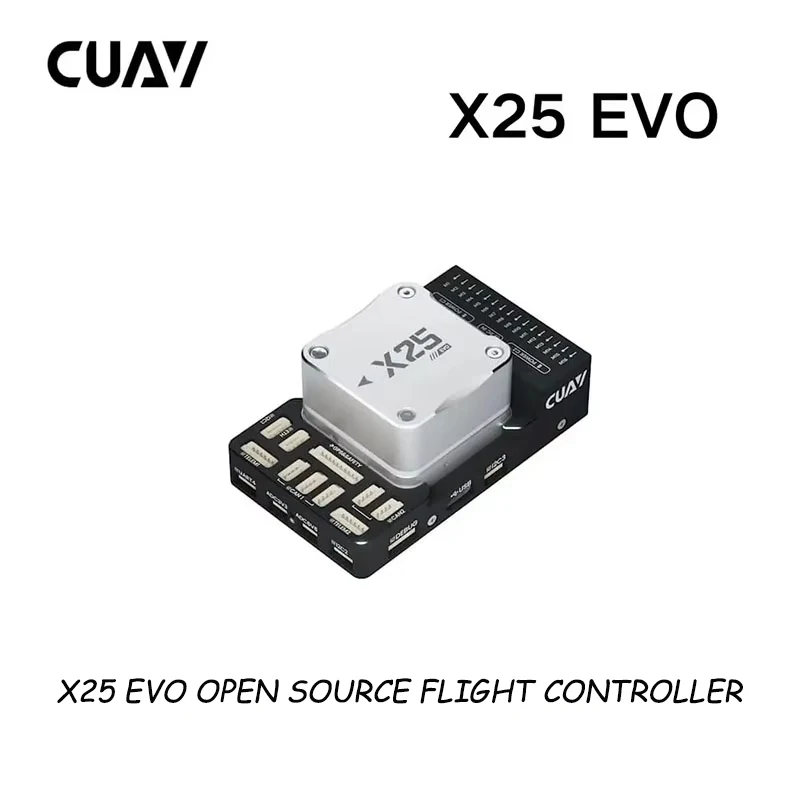 Contrôleur de vol CUAV X25 EVO monté sur un drone professionnel, avec ses connecteurs et dissipateurs thermiques visibles.