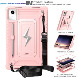 Heavy Duty Shockproof Tablet Case with Kickstand and Shoulder Strap for Idea Tab 11 2025 (RoseGold)