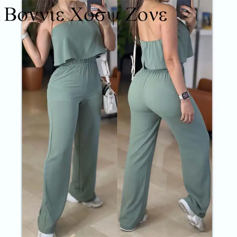 

Women Summer Sleeveless Plain Bandeau Ruffle Hem Straight Leg Jumpsuit
