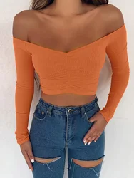 Women's Off - Shoulder Long Sleeve Tee - Chic Autumn Fashion - S (Orange)