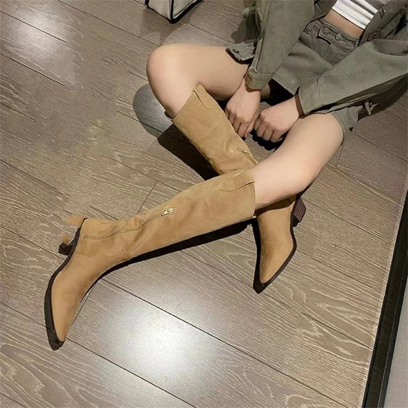 Goddess Fan gentle wind cow suede knight boots 2022 autumn and winter new  pointed toe thick medium heeled high boots| | - AliExpress