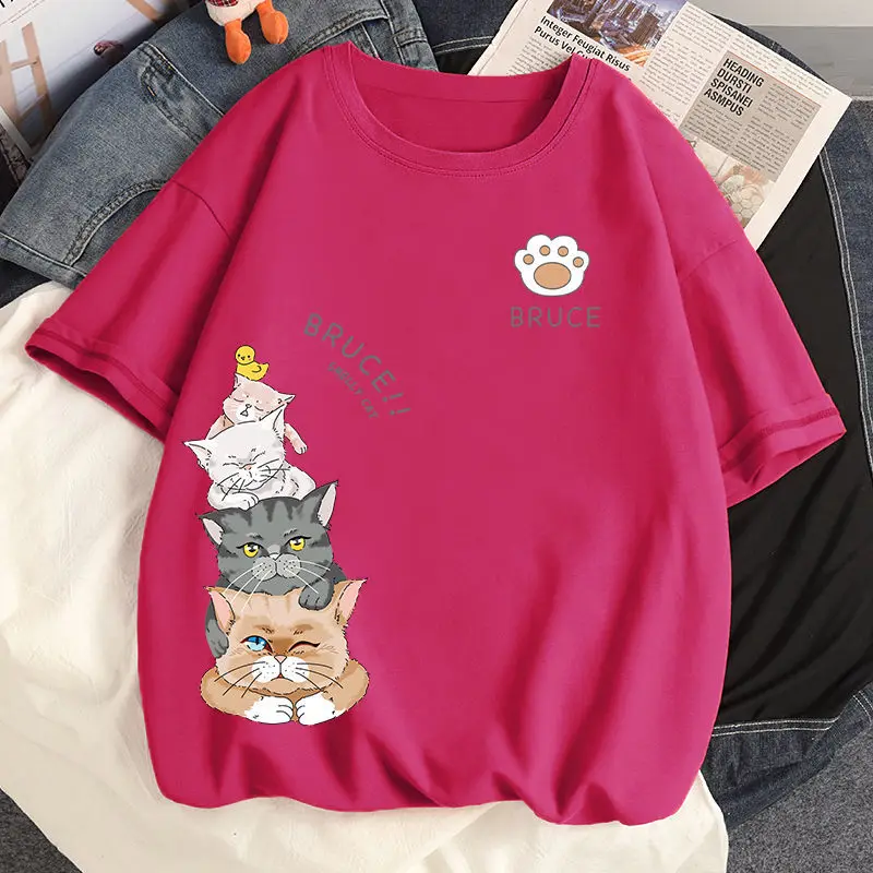 Cotton Cute Cat T Shirt Loose Size Short Sleeve T-shirt Summer Girl Student Top Tees T-shirt Women Clothing Plus 35-100kg petite maternity clothes