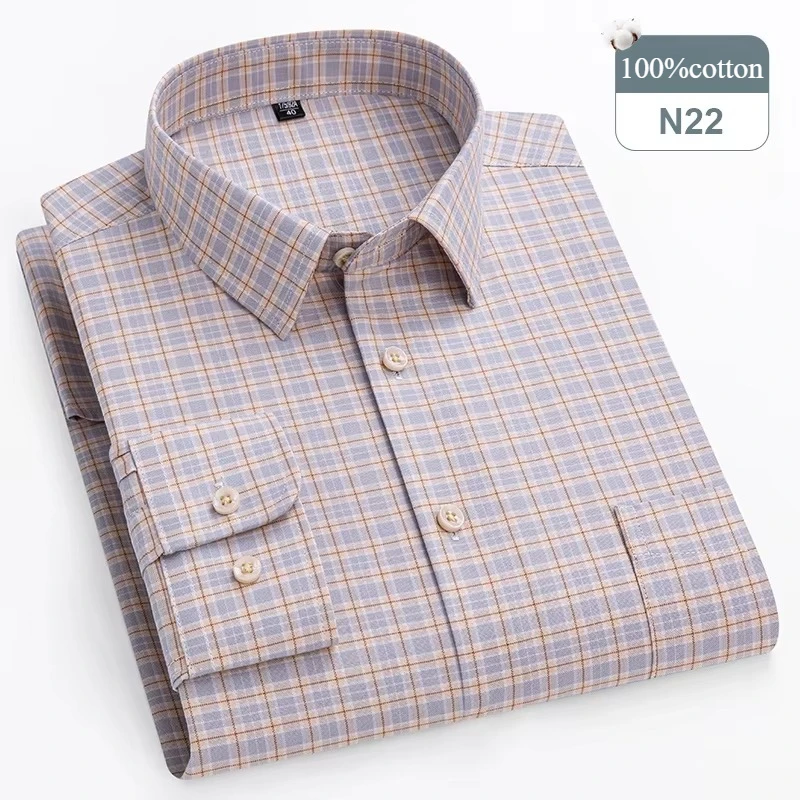 Men's Plus Size Long-Sleeve 100% Cotton Slim Fit Formal Shirt - Soft Plaid and Striped Design