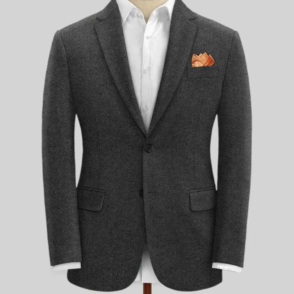 Dark Grey Herringbone Blazer for Men Notch Lapel Single Breasted Suit Woolen Jacket Formal Fashion Coat for Wedding/Business