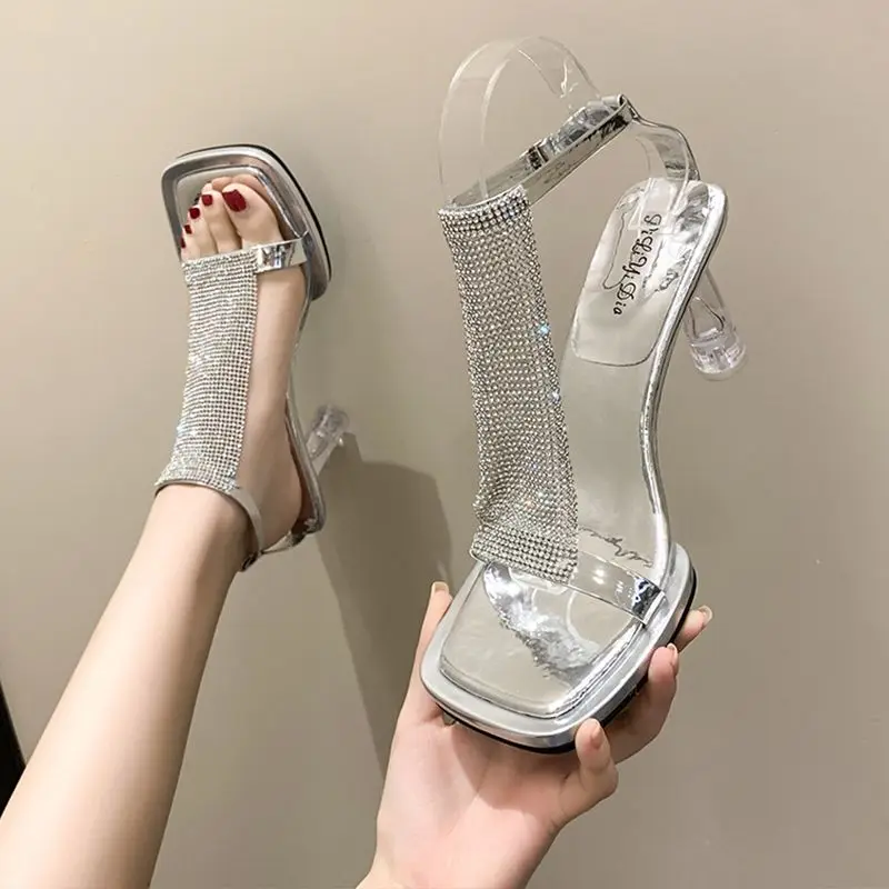 

Footwear Transparent Ladies Shoes High Heels Sandals for Women Thick Heel Summer 2023 Rhinestones Block Heeled Pumps Chunky Vip