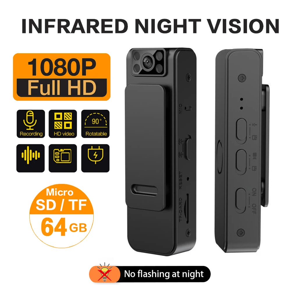 풀 HD 휴대용 미니 카메라, 경찰 비디오 레코더, 오토바이 모션 감지 웹캠 렌즈, 90 ° 회전, 1080P