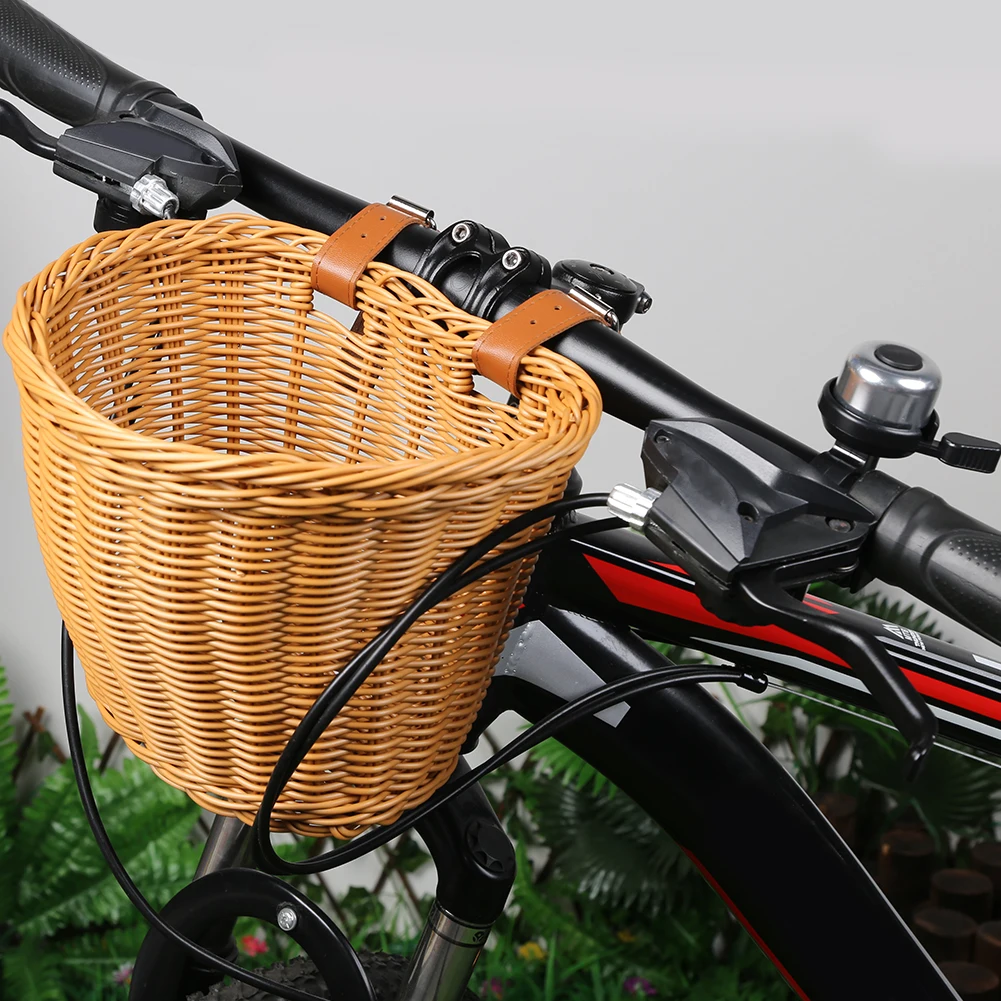 Braided Bicycle Basket with Leather Straps Removable Imitation Rattan Bicycle Basket Bicycle Bell Bicycle Storage Pannier Bell