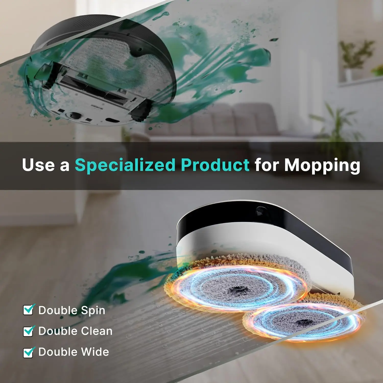 Robot Mop-Whisper Quiet Smart Mopping Robot Cleaner Only 1.5 Times Faster Dynamic Dual Spin Wet Mop for Hard
