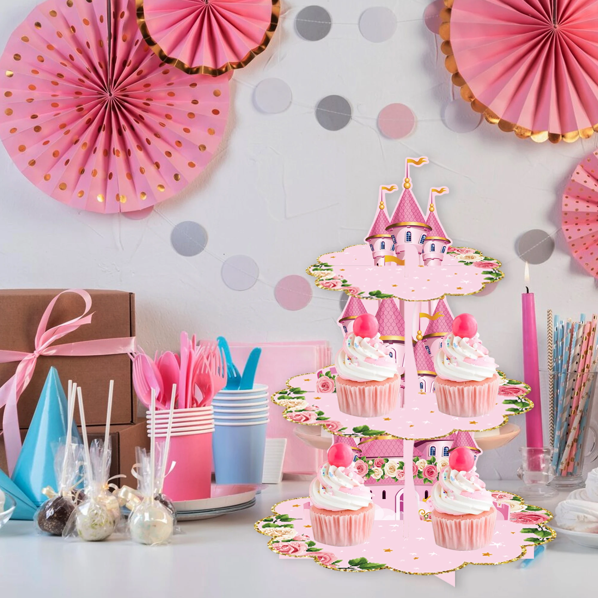3 Tier Blue Castle Cupcake Stand - Floral Party Dessert Tower For Birthdays, Baby Showers & Weddings