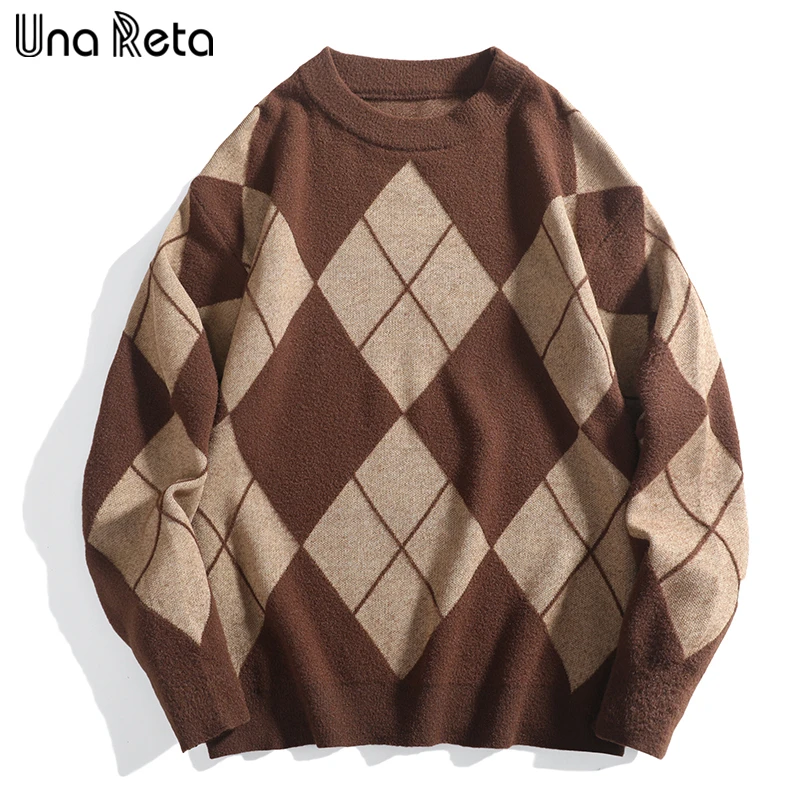 

Una Reta Argyle Sweater Men Autumn Winter Harajuku Casual Hip Hop Jacquard Pullovers Tops Man Knitwears Unisex Sweaters
