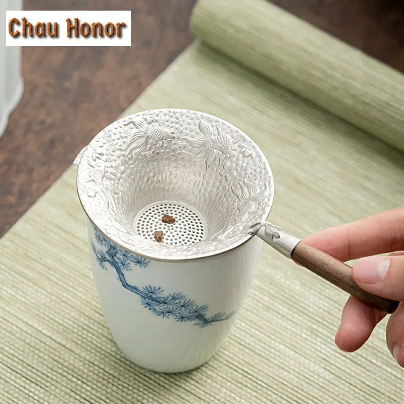 Customized Tin Relief Tea Drain With Handle Tea Strainer Tea Making Handmade Filter Tea Ceremony Tea Screen Kung Fu Teaware Tool