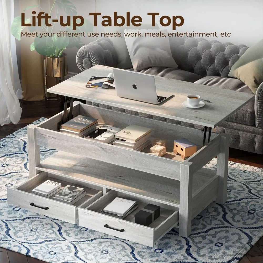 Coffee Table, Lift Top Coffee Table with Drawers and Hidden Compartment, Living Room Table with Wooden Lift Tabletop 4