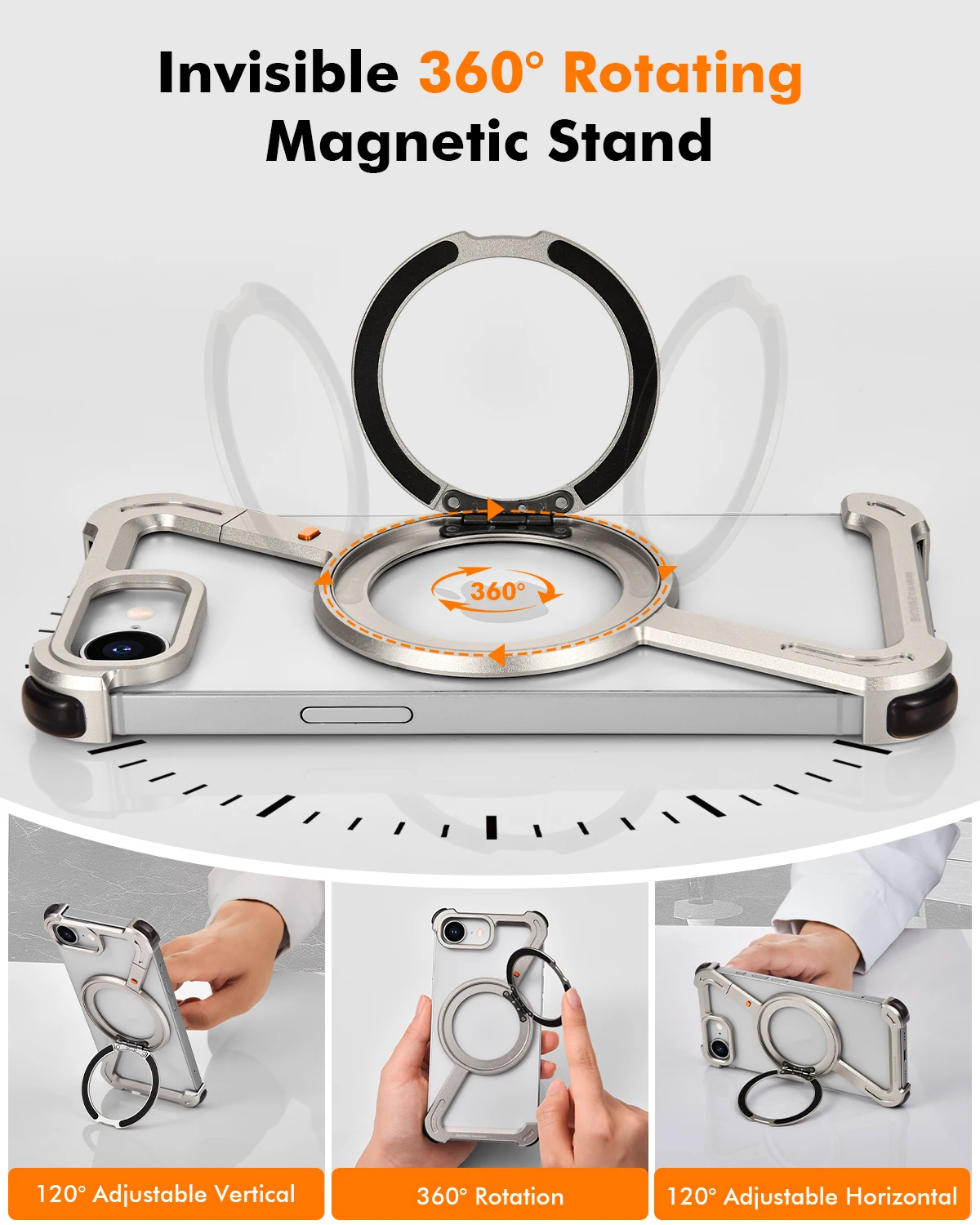 Eary Z Shape Phone Case For iPhone 16 E Cover 360 Rotating Adjustable Magnetic Ring Stand Frameless Shockproof Protector Shells