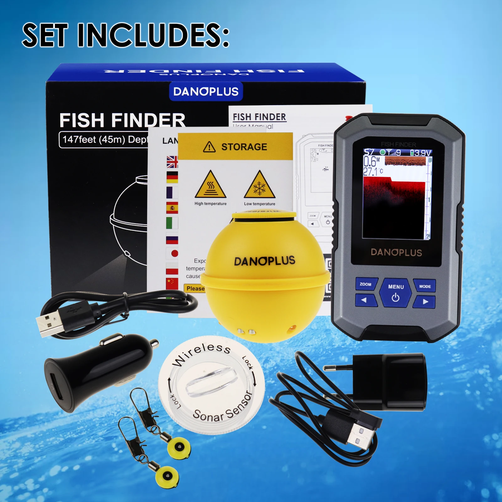 LUCKY Drahtloser Fischfinder Sonarsensor Tragbarer Sonar Fischfinder LCD Display Tiefenmesser zum Angeln Eisfischen Kajakfischen
