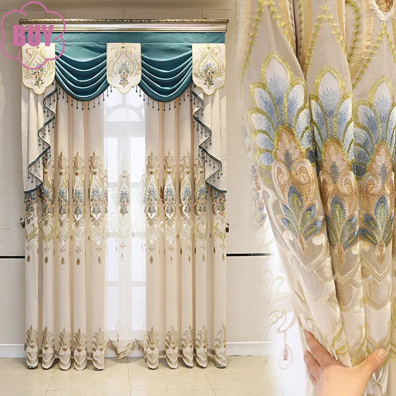 

European-style Curtains for Living Room Dining Bedroom Luxury Embroidered Tulle Jane Ochenille Blue Valance Sheer Window
