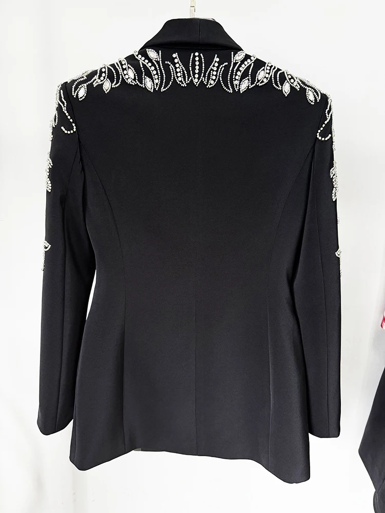 HIGH STREET Newest Fashion 2024 Women's Diamonds Rhinestone Beaded Blazer Mermaid Long Skirt 3