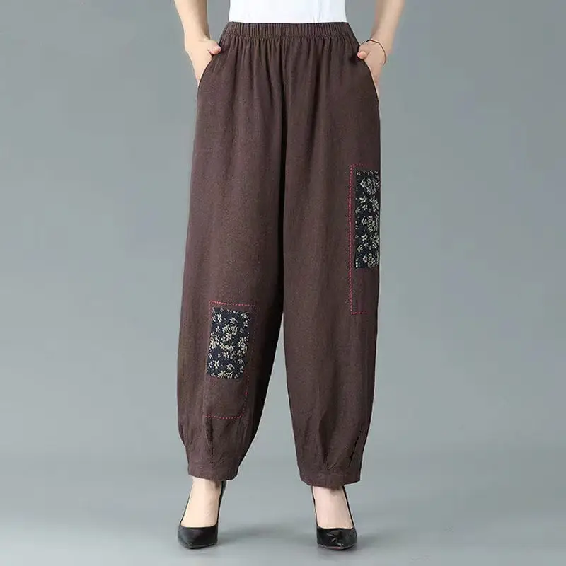 Summer Lantern Women's 2024 Spliced Elastic Waist Retro Pocket Print Fashion Minimalist Commuting Harlan Loose Casual Pants