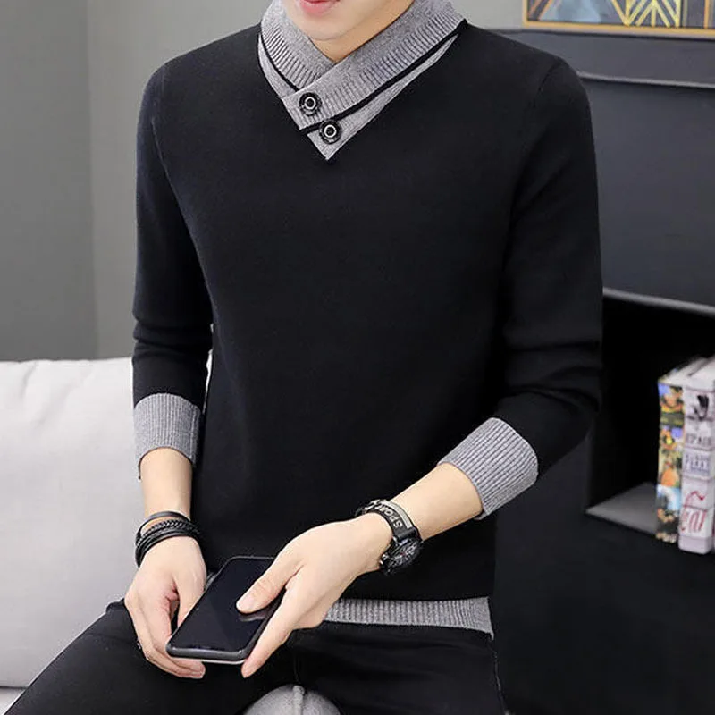 2023 가을 겨울 남성 터틀넥 두꺼운 긴 소매 스웨터 한국 트렌드 솔리드 컬러 스플 라이스 니트 풀오버 남성 의류