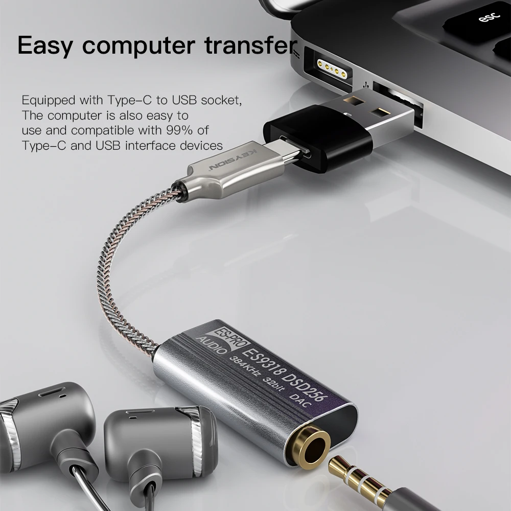 Keysion Es9318 Dsd256 Hifi Dac Fone de Ouvido Amplificador Usb tipo c para 35 mm Fone de Ouvido Adaptador de Áudio 32bit 384khz Decodificador Digital - Image 4