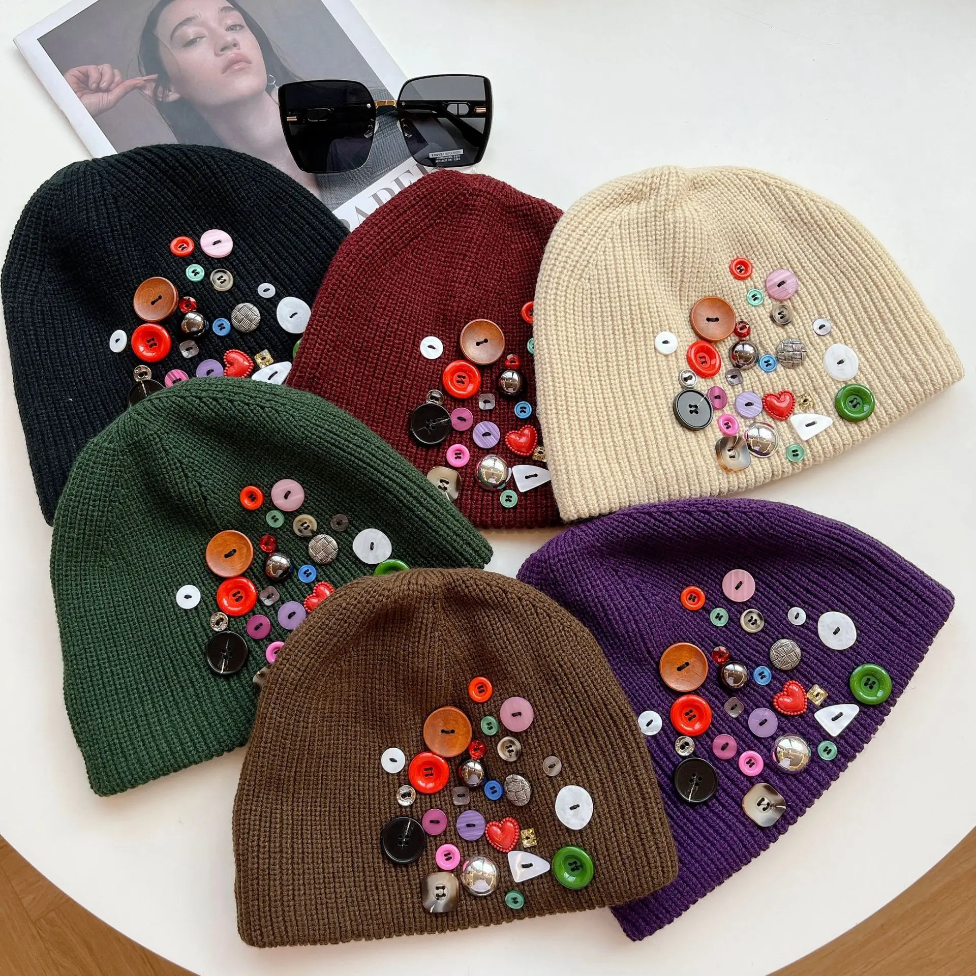 

Couple models colorful button wool hat women's winter street knitted hat personality pullover ear protection beanie hat for men