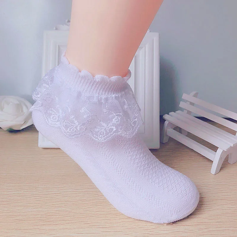 Spring Summer Breathable Cotton Lace Ruffle Princess Cute Thin Mesh Socks Children Ankle Short Sock Solid White Baby Girls Kids