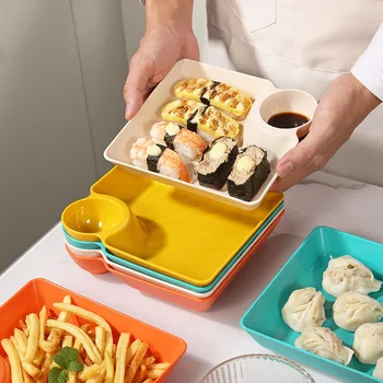 소스 수납부가 있는 플라스틱 만두 접시, 사각 서빙 접시, 소스 홀더, 파티 칩용 서빙 플래터 트레이