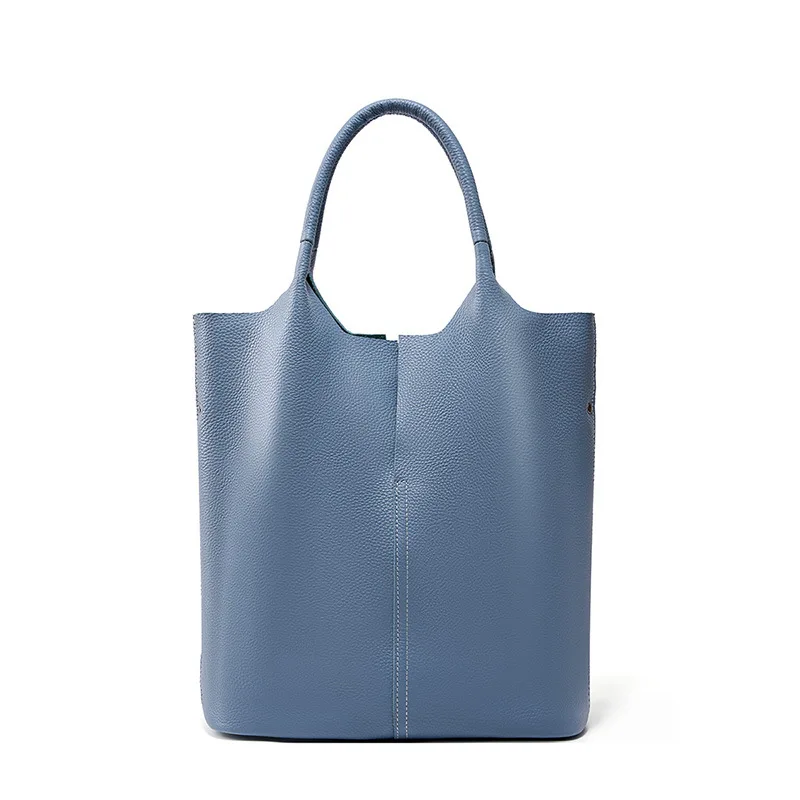 

2024 New Soft Genuine Leather Women's Tote Bag Handbag Classic Elegant Blue Large Capacity Shopper Composite Pocket Grey Purse
