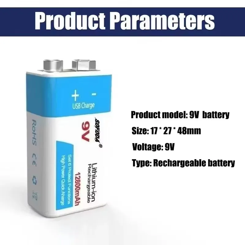 New 9V Rechargeable Battery 12800mAh 6F22 Micro USB 9v Li-ion Lithium Batteries for Multimeter Microphone Toy Remote Control KTV 2