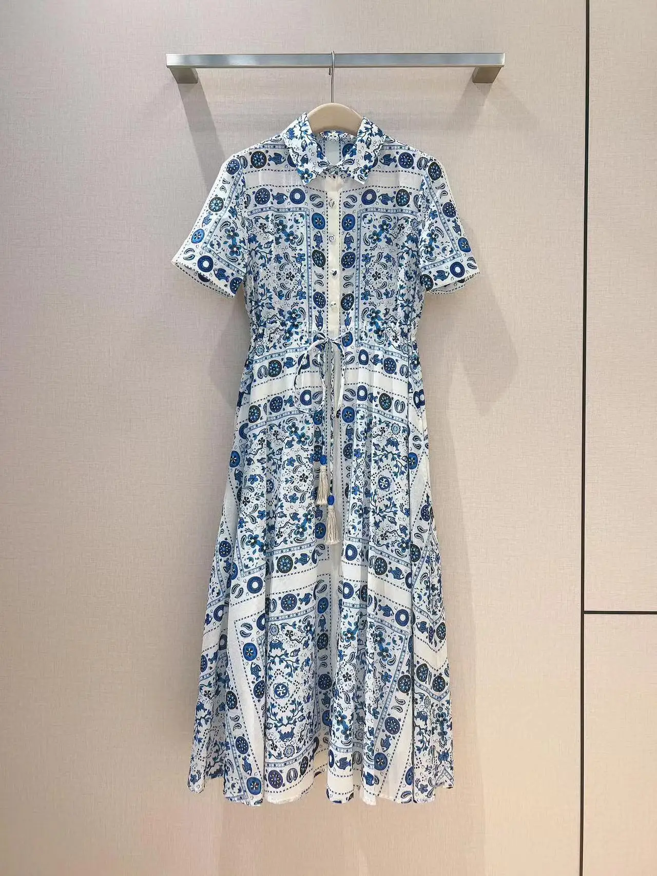 

Fyion 2023 Summer Women Midi Dresses Runway Vintage Printing Single Breasted Loose Belt Dress Elegant Holiday Female