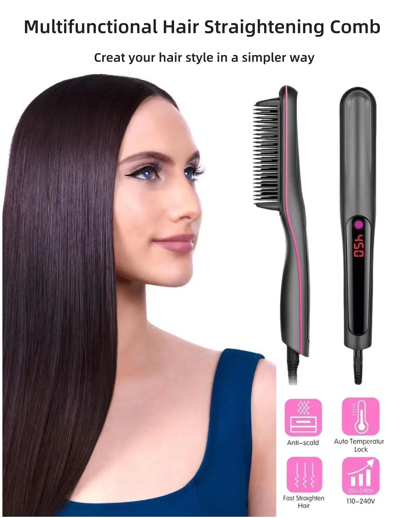 Multifunctional Hair Straightener Comb Negative Ion Anti-Scalding Styling Tool Straightening Brush Electric Hot Comb