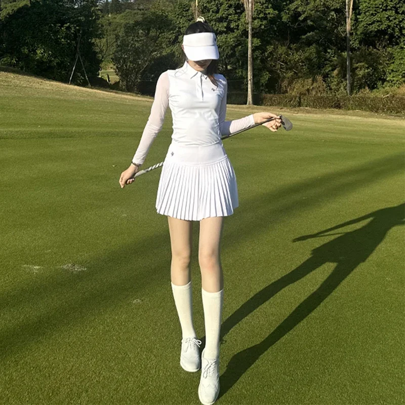 Golf Women's Shirts Sunscreen Long Sleeve Lapel Tops Ladies Sports Pleated Skort High Waist Anti-Light Golf Skirts