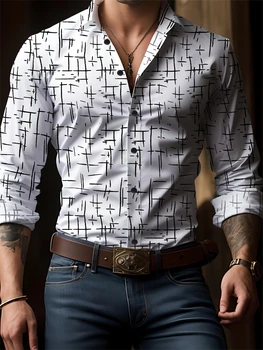 Men's New Spring And Autumn Button Down Shirt Check Print Long Sleeve Luxury Shirt Flip Lapel Oversized Outdoor Street Shot Tops 1