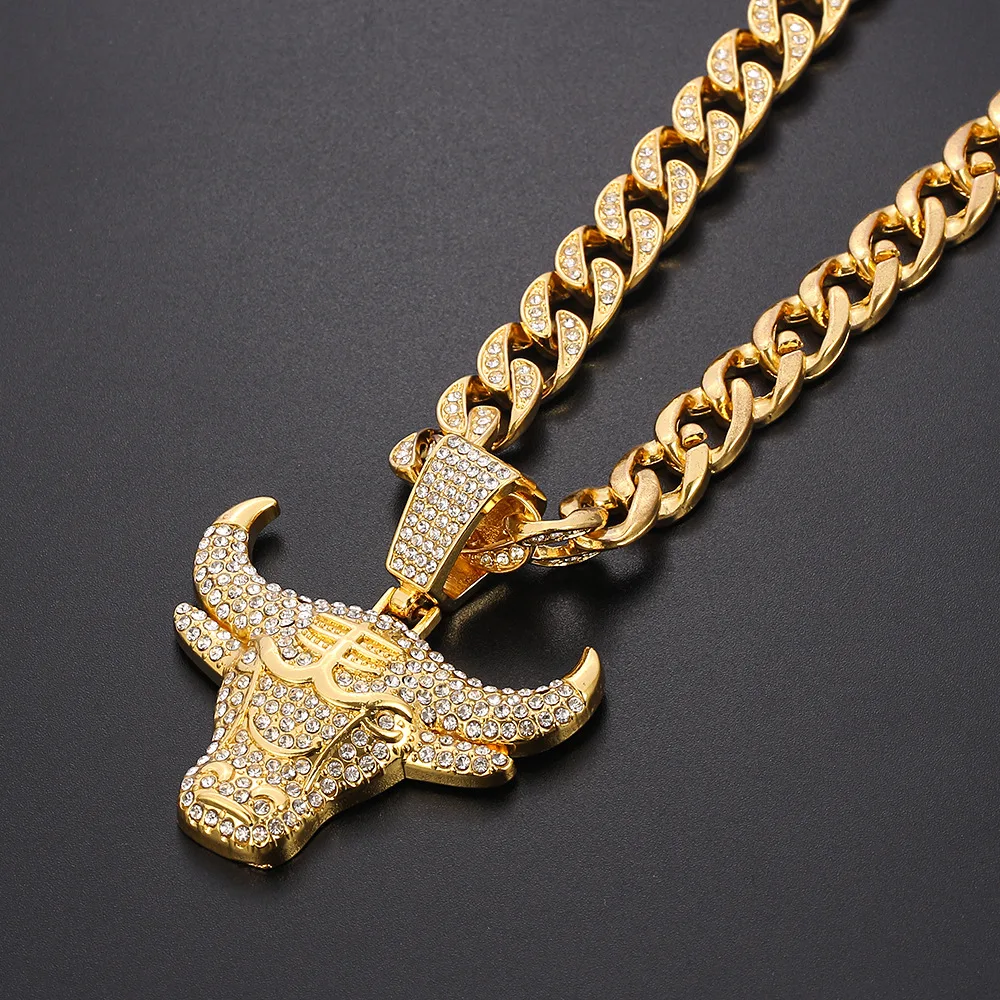 

Necklace for Mens Hip Hop Jewelry Rapper Cool Iced Out Bling Ox Head Pendant Necklace Gold Cuban Chain Choker Mens Jewelry Gift