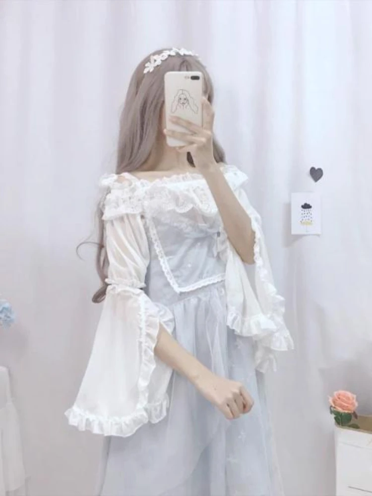 KOSAHIKI 여성용 레이스 셔츠 로리타 블라우스, 스플릿 플레어 슬리브 2025, 일본 쉬폰 블라우스, 귀여운 프레피 스타일 코스프레 상의