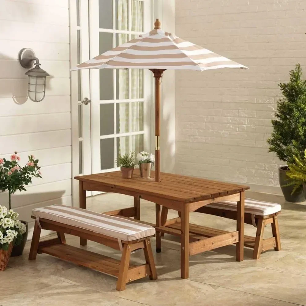

Outdoor Wooden Table and Bench Set with Cushions and Umbrella, Garden Furniture, Patio Furniture, Outdoor Set, Free Shipping