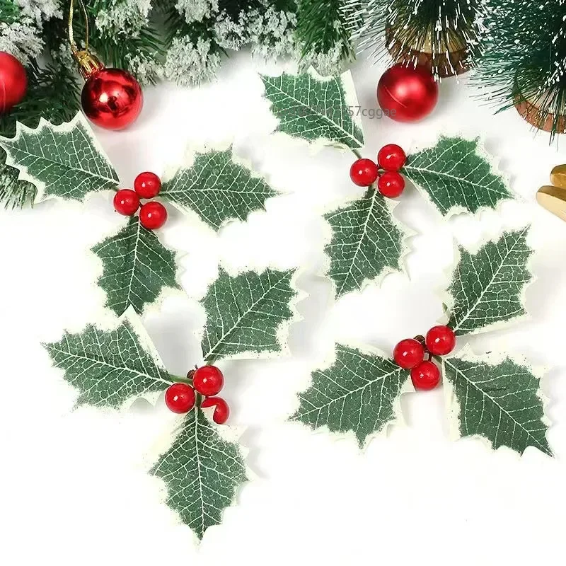 50-5Pcs Christmas Holly Leaves Artificial Red Berries Flower DIY Christmas Wreath Ornaments For 2025 Xmas New Year Decor Navidad