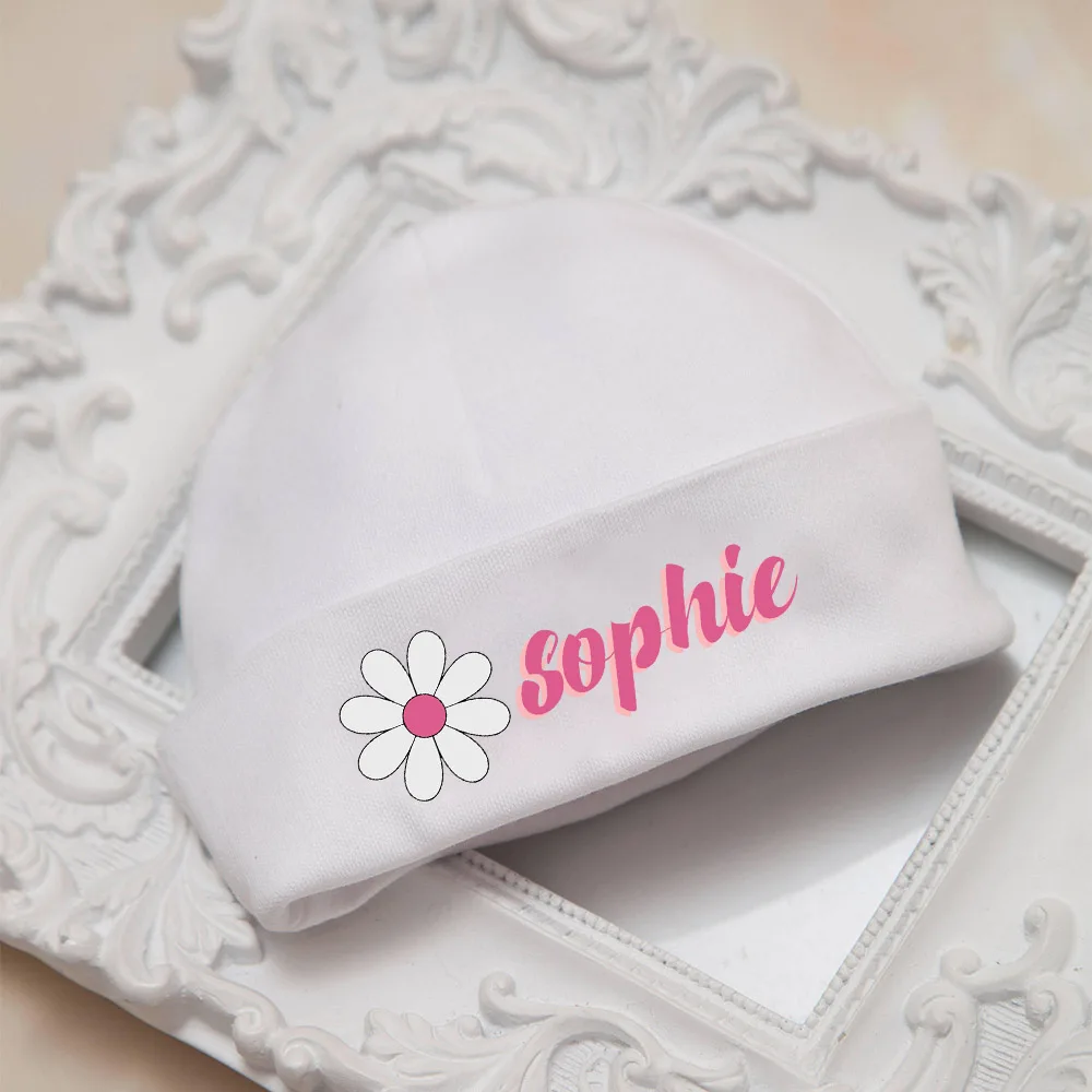 Personalize Newborn Hospital Hat Monogram Baby Girl Beanies Caps Infant Cotton Hats Custom Name Windproof Cap Baby Shower Gift 4