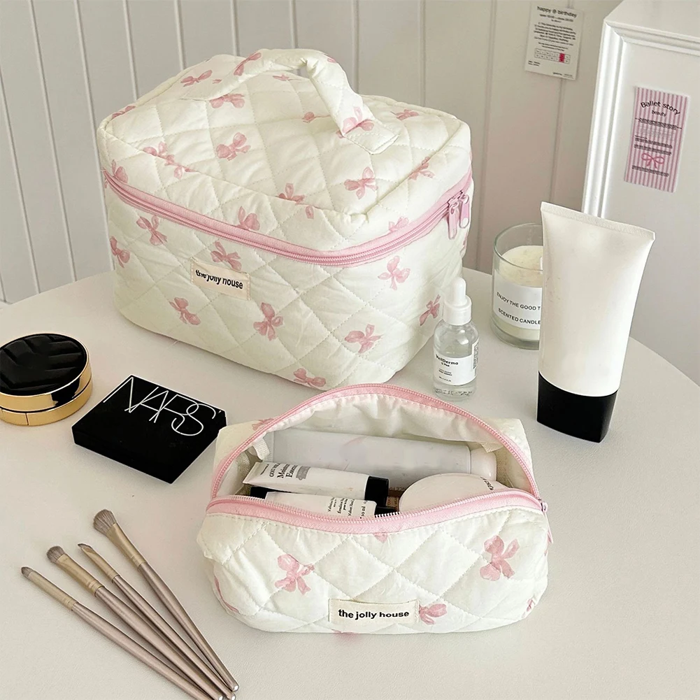 Cute Bow Makeup Organizer Storage Bag with Zipper Cosmetic Organizer Case Cotton Quilted Skincare Bag for Women Girls