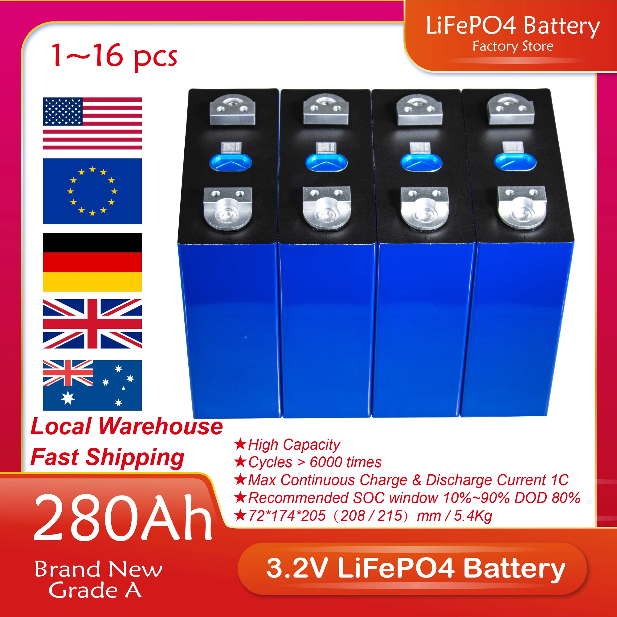 

280AH 3.2V 1/2/4/8/16/32PCS LiFePO4 Battery LF280K Brand New A Grade DIY 12V 24V 48V Batteries Pack For Solar Energy System