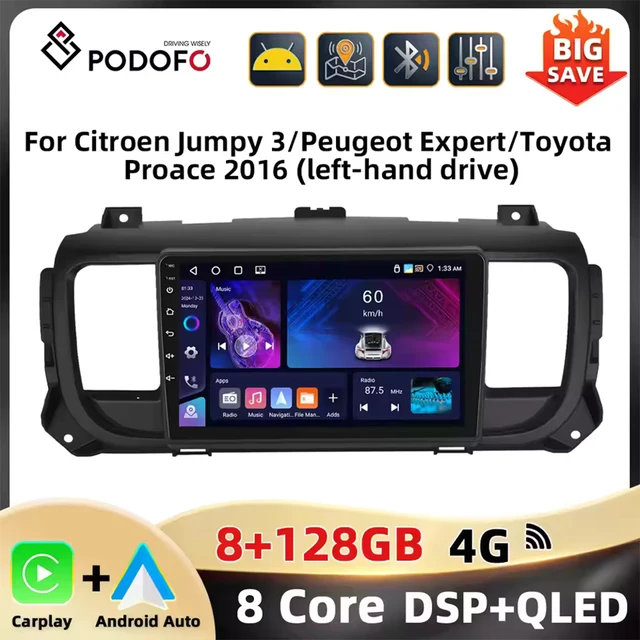 PodoNuremberg-Autoradio Android, navigation GPS, Carplay, 8 cœurs, DSP, Wi-Fi, 4G, 9 ", pour voiture Cristaux en Jumpy 3, KIT Rods, Toyota Proace 2016 1