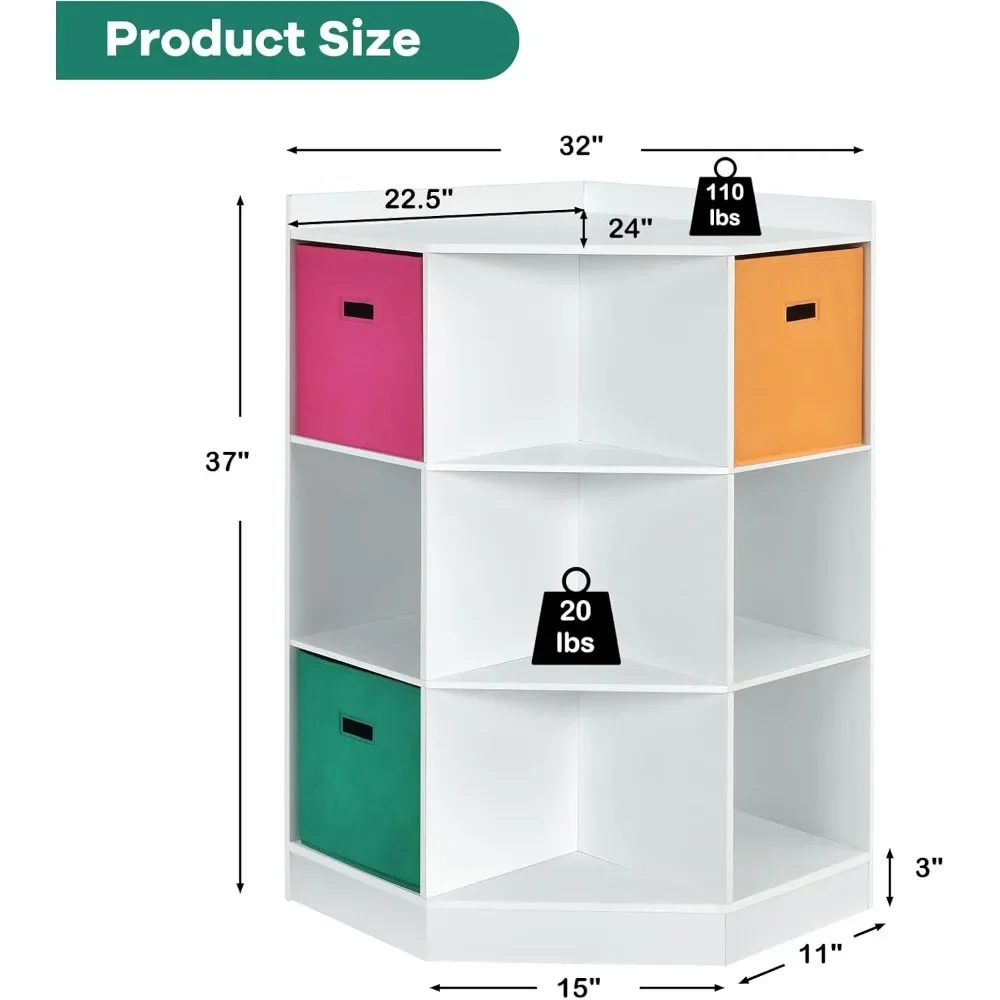 9-Cubby Kids Bookcase with Large Storage Drawers, Children's Corner Cabinet with 6 Cubes and 3 Shelves, Wooden Storage 3