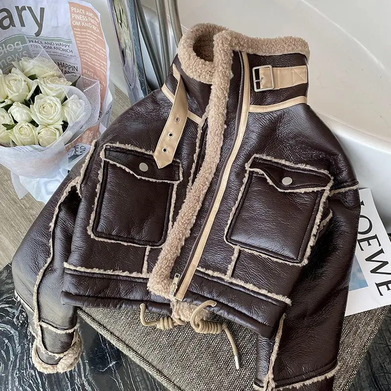 Brown Lambswool Jacket Winter Thickened Plus Velvet Motorcycle Faux Leather Stitching Coat PU Plush Cardigan Stand Collar Tops