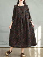 Cotton Vintage Print Floral Dresses 2025 Women Casual Loose Long Sleeve Dress Femme Robe Vestidos Elegant Spring Autumn Clothing - Image 3