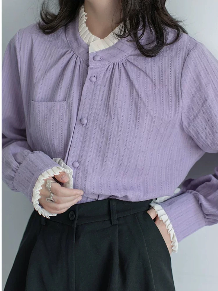 2024 Spring New Women Style Wooden Ear Edge Double Layered Standing Neck Decorative Pocket Single Breasted Women's Purple Shirt nerdy layered cursive logo pullover hoodie purple
